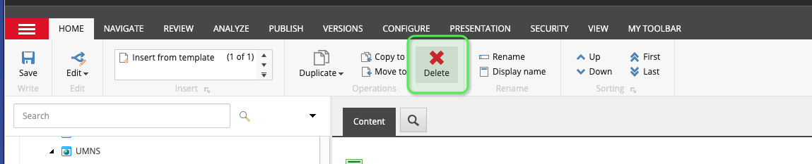 Home tab, delete
