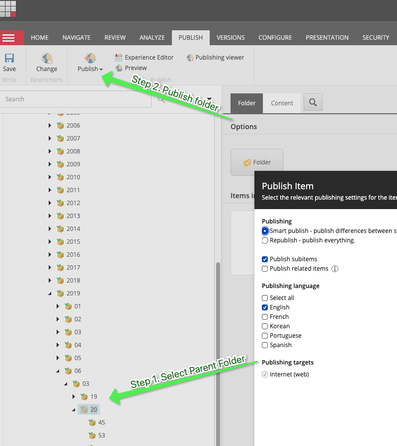 Publish containing folder to complete article deletion process