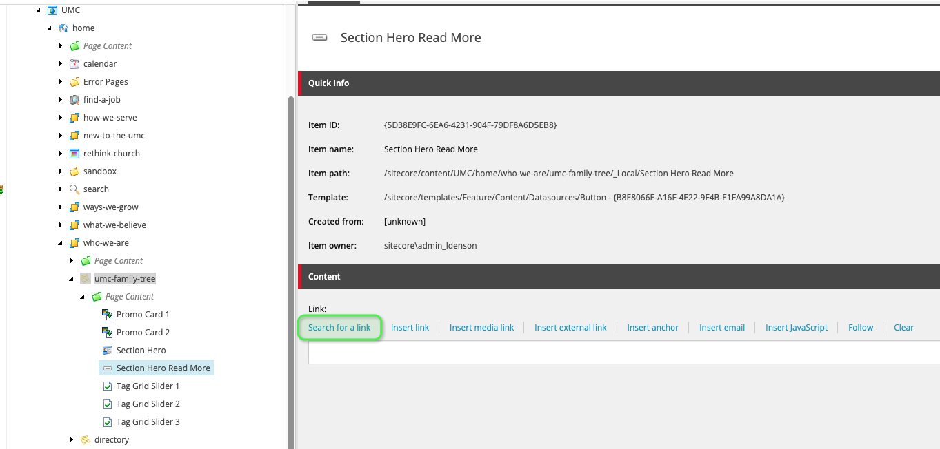 Content Editor: Search for a Link