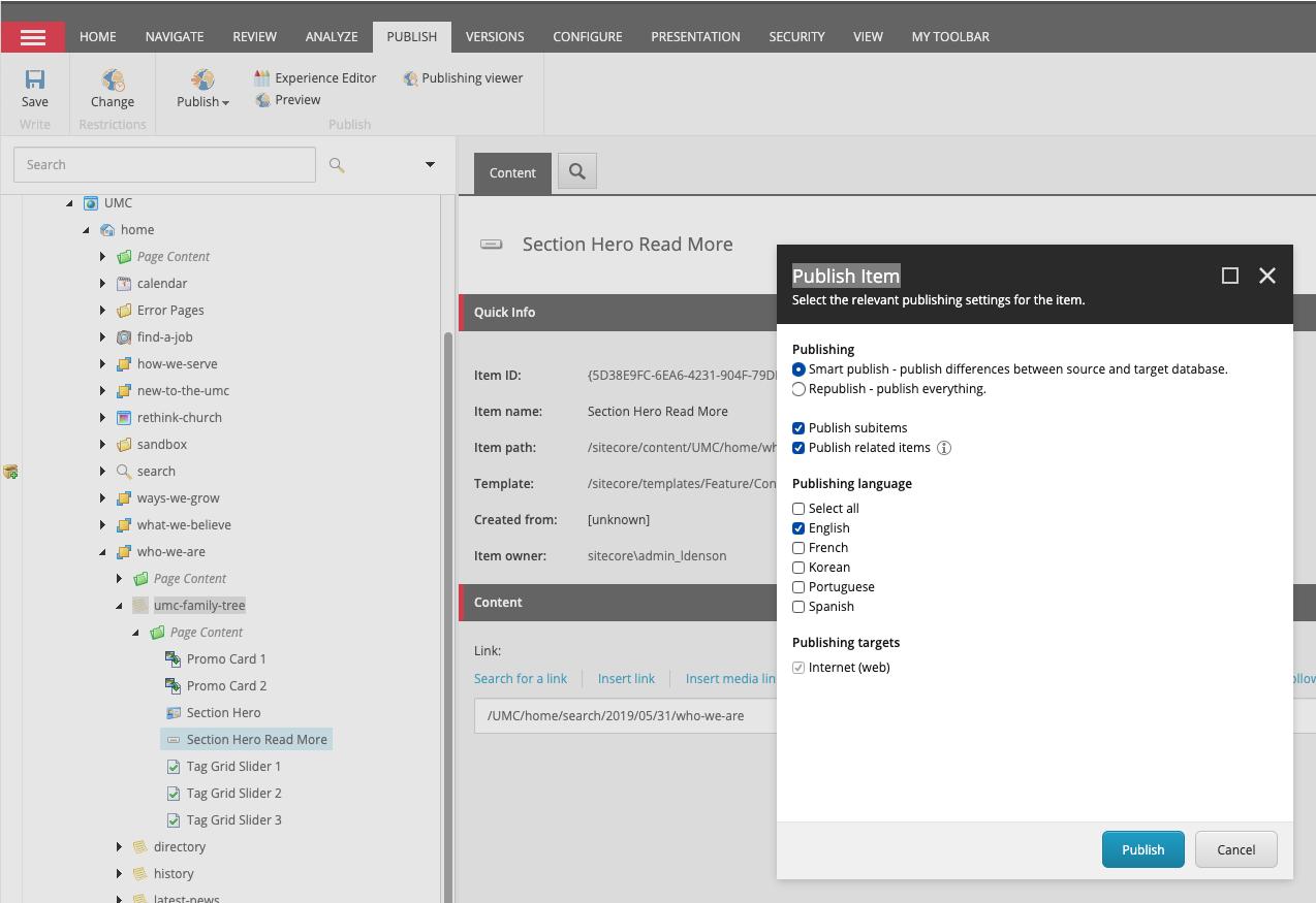 Content Editor: Save and Publish CTA link